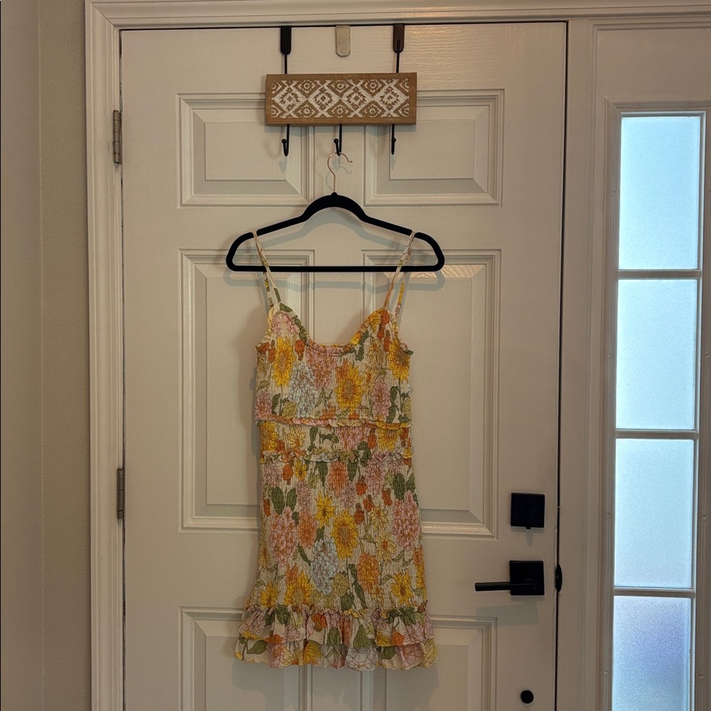 Worn once DRESS FORUM dress smocked mini dress in pink orange floral size M